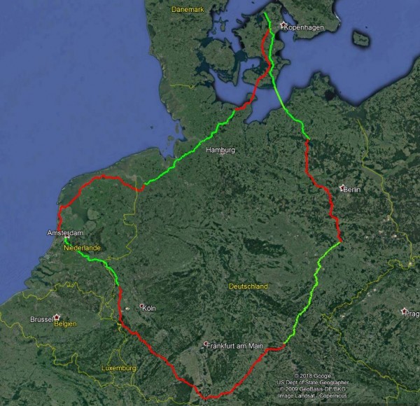 Geplante Route nach Dänemark (VIM) und zurück über Torgau (Übersetzpunkt des sozialistischen Brudervolkes, war ich auch noch nie)