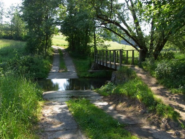 Furt durch den Auenbach bei Koltzschen nahe Colditz...Betonplatten durch den Bach...sauber und risikofrei, schöner Waldweg schliesst sich an...51.104246   ,   12.839203