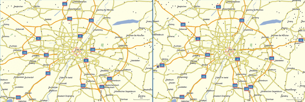 München in MapSource mit automatischer Darstellung (links) und manuell auf 48° eingestellt (rechts).